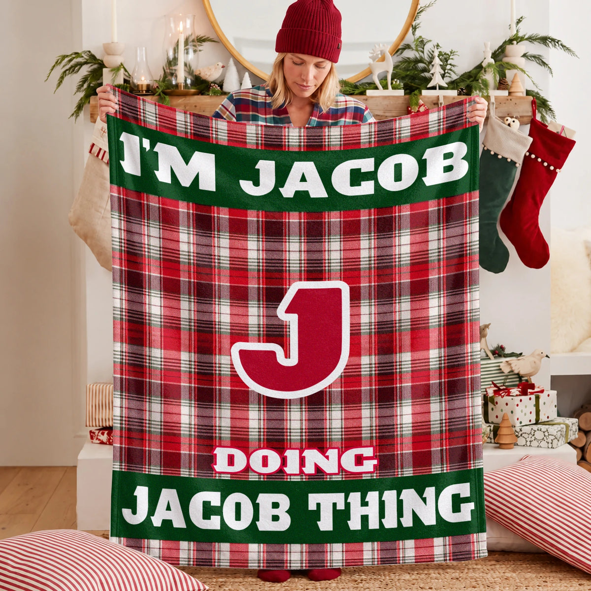 I'm Name Doing Name Things Red Plaid Fleece Blanket JACOB 13K1 BK49