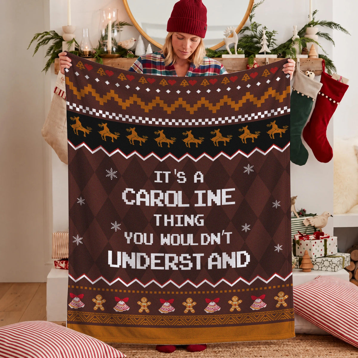 Your Name Thing Funny Deer Brown Christmas Fleece Blanket CAROLINE 13K1 BK27