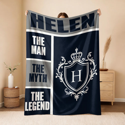 The Man The Myth The Legend Navy Gray & Gold Fleece Blanket  HELEN 13K1 BK09
