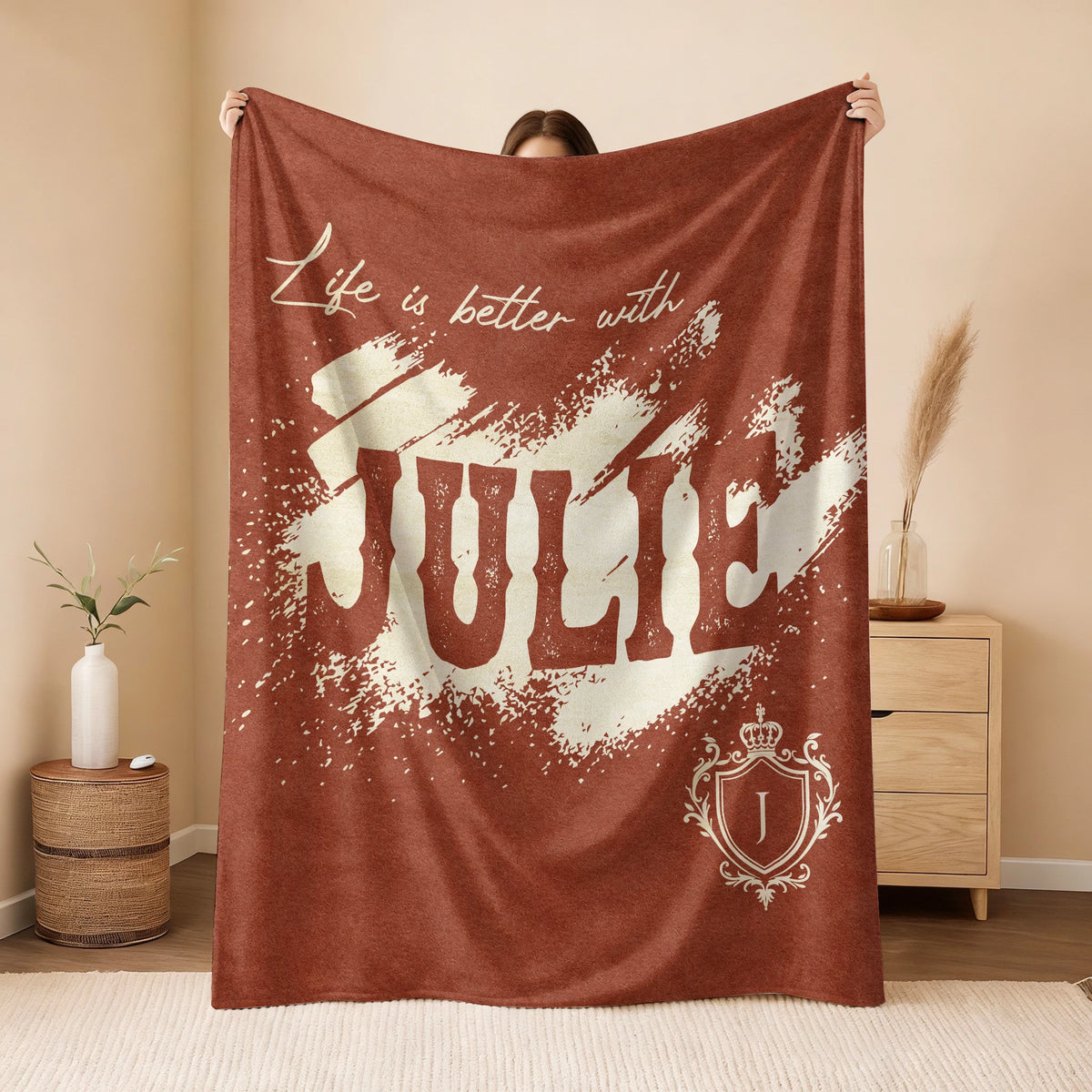 Life Is Better With Your Name Terracotta Cream Fleece Blanket JULIE 13K1 BK30