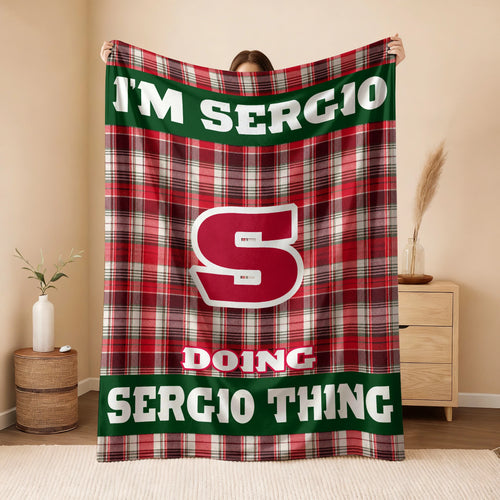 I'm Name Doing Name Things Red Plaid Fleece Blanket SERGIO 13K1 BK49
