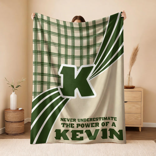 Never Underestimate Your Name Green & Cream Plaid Fleece Blanket KEVIN 13K1 BK50