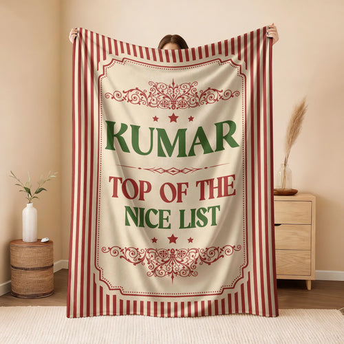 Your Name Nice List Red Striped Christmas Fleece Blanket KUMAR 13K1 BK60