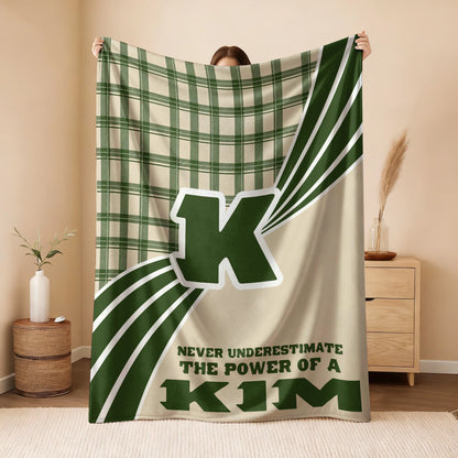 Never Underestimate Your Name Green & Cream Plaid Fleece Blanket KIM 13K1 BK50