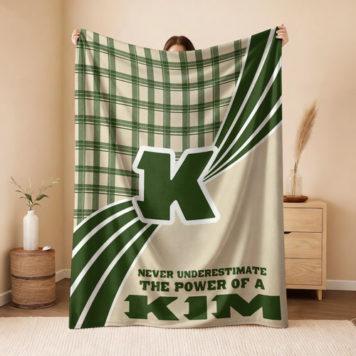 Never Underestimate Your Name Green & Cream Plaid Fleece Blanket KIM 13K1 BK50