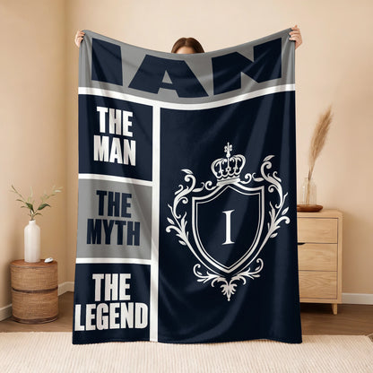 The Man The Myth The Legend Navy Gray & Gold Fleece Blanket  IAN 13K1 BK09