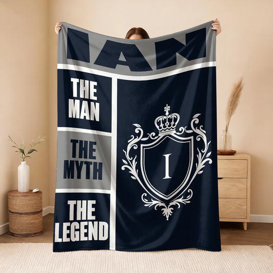 The Man The Myth The Legend Navy Gray & Gold Fleece Blanket  IAN 13K1 BK09