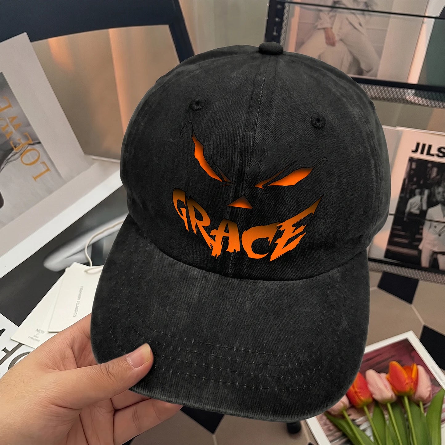 Your Name Jack O' Lantern Halloween Washed Cap GRACE 13K1 C100PF