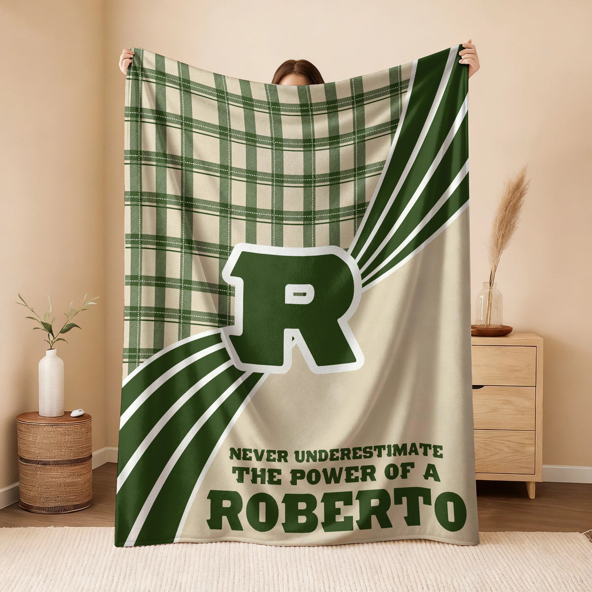 Never Underestimate Your Name Green & Cream Plaid Fleece Blanket ROBERTO 13K1 BK50