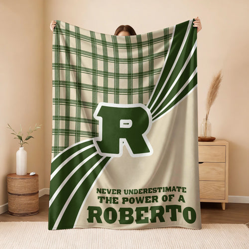Never Underestimate Your Name Green & Cream Plaid Fleece Blanket ROBERTO 13K1 BK50