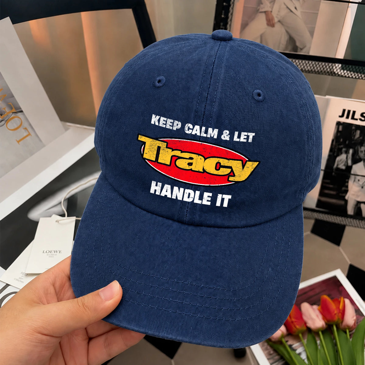 Keep Calm & Let Your Name Handle It Yellow And Red Logo Washed Cap TRACY 13K1 C172PF