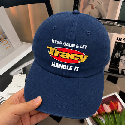 Keep Calm & Let Your Name Handle It Yellow And Red Logo Washed Cap TRACY 13K1 C172PF