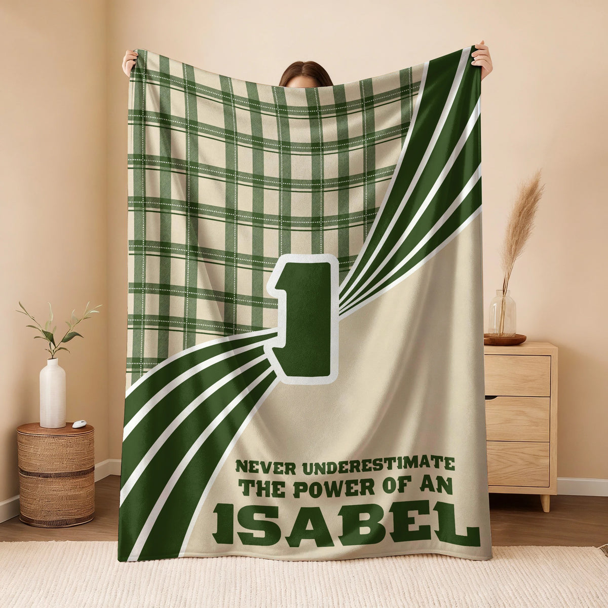Never Underestimate Your Name Green & Cream Plaid Fleece Blanket ISABEL 13K1 BK50