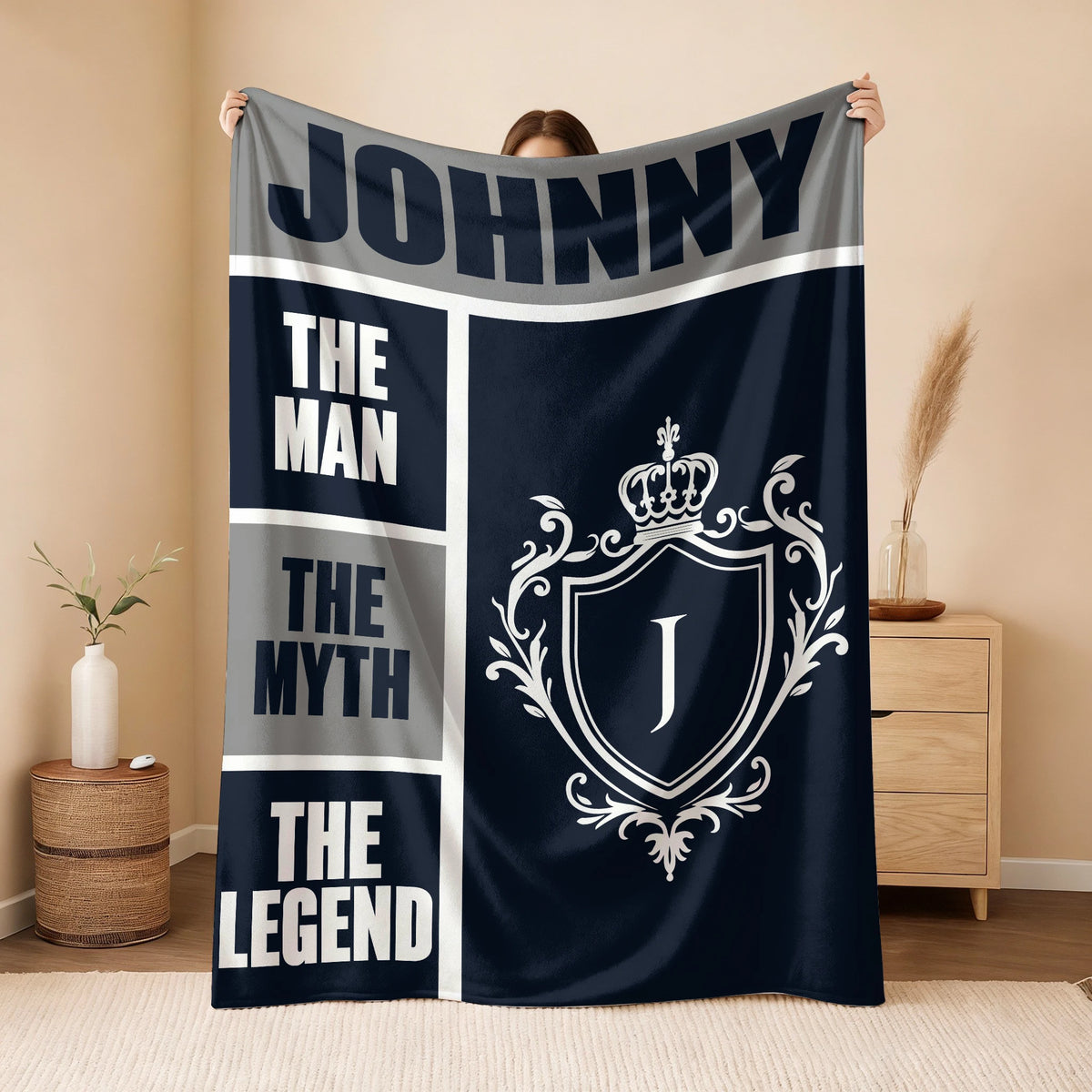 The Man The Myth The Legend Navy Gray & Gold Fleece Blanket  JOHNNY 13K1 BK09