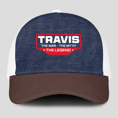 The Man The Myth The Legend Navy Brown And White Mesh Cap TRAVIS 13K1 C200PF