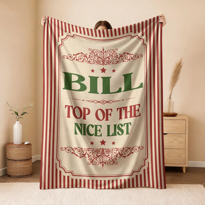 Your Name Nice List Red Striped Christmas Fleece Blanket BILL 13K1 BK60