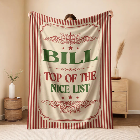 Your Name Nice List Red Striped Christmas Fleece Blanket BILL 13K1 BK60
