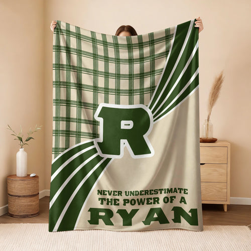 Never Underestimate Your Name Green & Cream Plaid Fleece Blanket RYAN 13K1 BK50