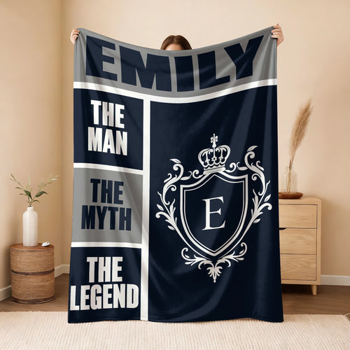 The Man The Myth The Legend Navy Gray & Gold Fleece Blanket  EMILY 13K1 BK09
