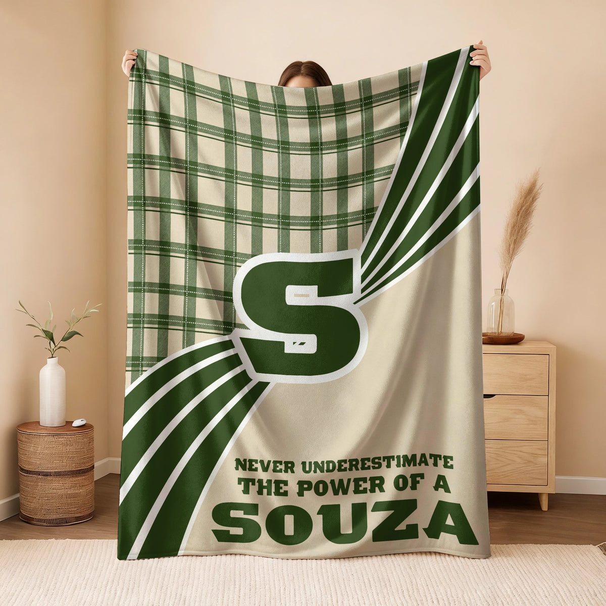 Never Underestimate Your Name Green & Cream Plaid Fleece Blanket SOUZA 13K1 BK50