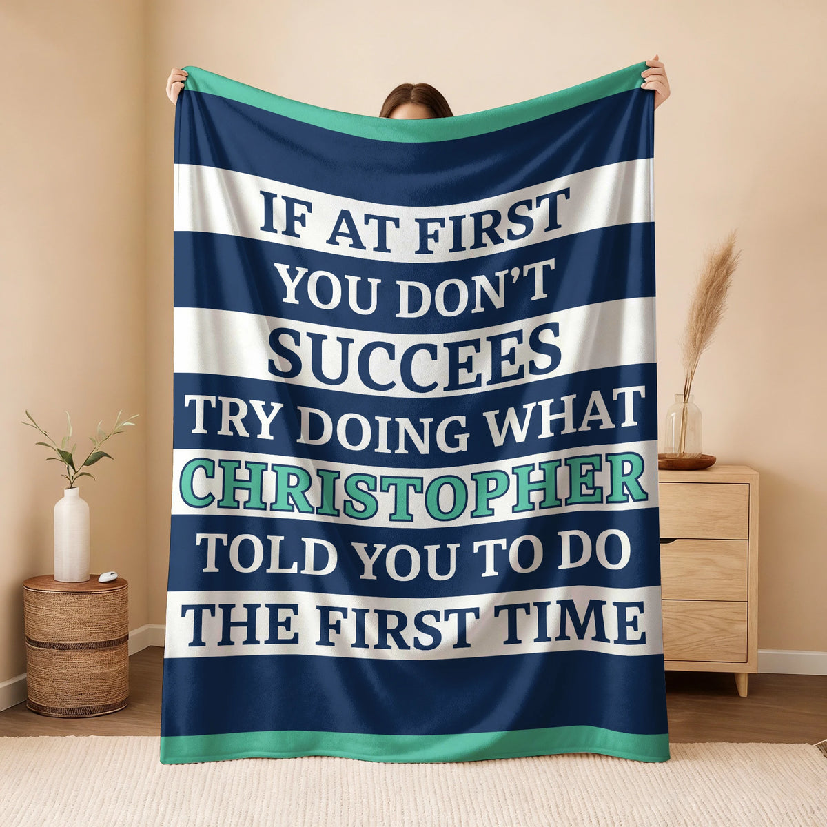 If At First You Don't Succeed Blue & White Striped Fleece Blanket CHRISTOPHER 13K1 BK55