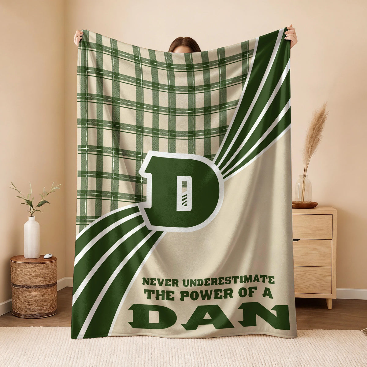 Never Underestimate Your Name Green & Cream Plaid Fleece Blanket DAN 13K1 BK50