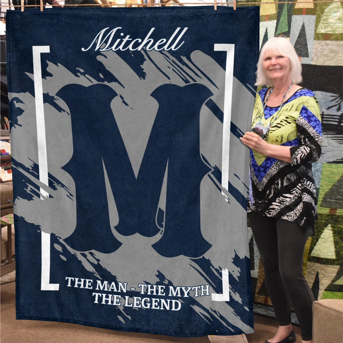 The Man The Myth The Legend Navy Baseball Fleece Blanket MITCHELL 13K1 BK17