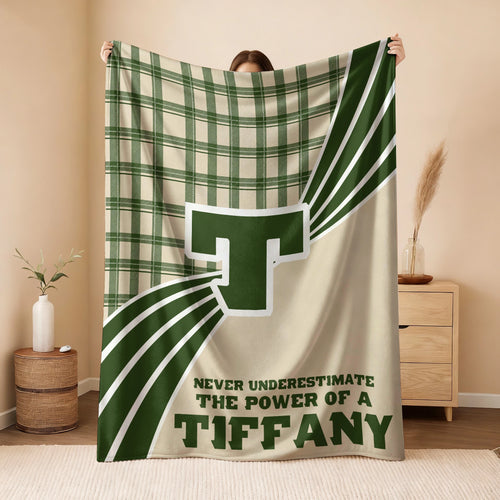Never Underestimate Your Name Green & Cream Plaid Fleece Blanket TIFFANY 13K1 BK50