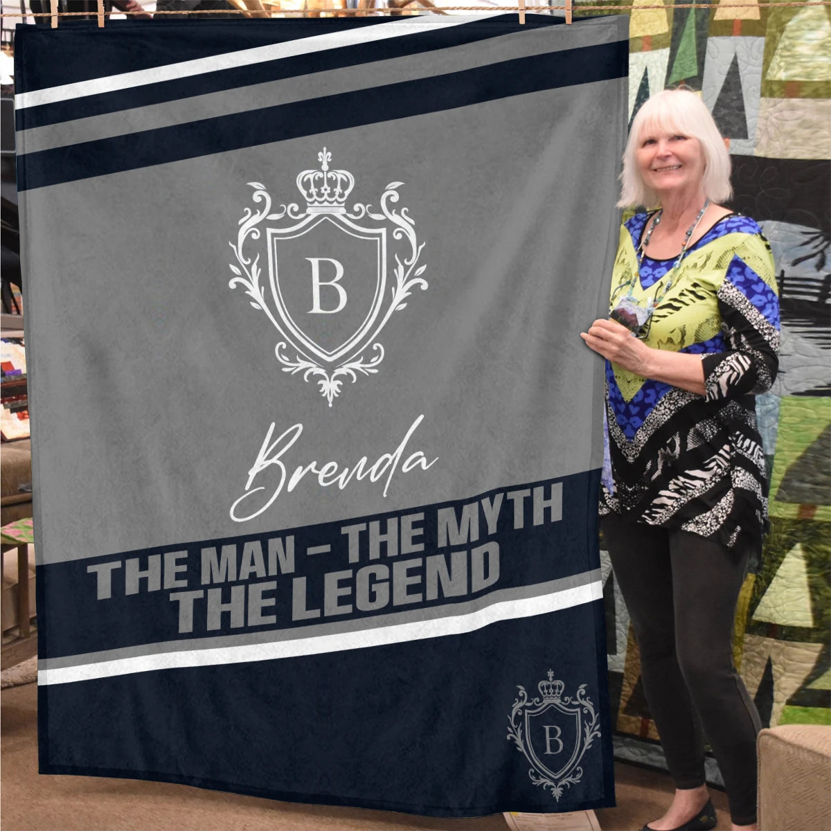 The Man The Myth The Legend Navy Gray Fleece Blanket BRENDA 13K1 BK13