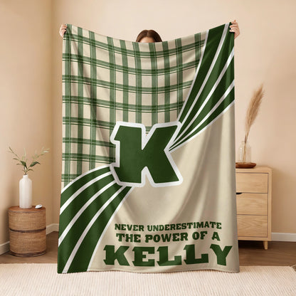 Never Underestimate Your Name Green & Cream Plaid Fleece Blanket KELLY 13K1 BK50