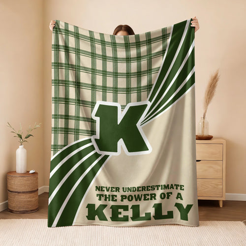 Never Underestimate Your Name Green & Cream Plaid Fleece Blanket KELLY 13K1 BK50