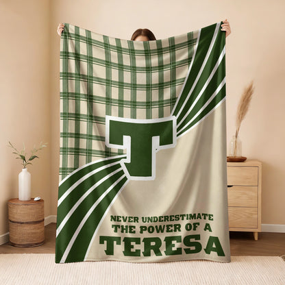 Never Underestimate Your Name Green & Cream Plaid Fleece Blanket TERESA 13K1 BK50
