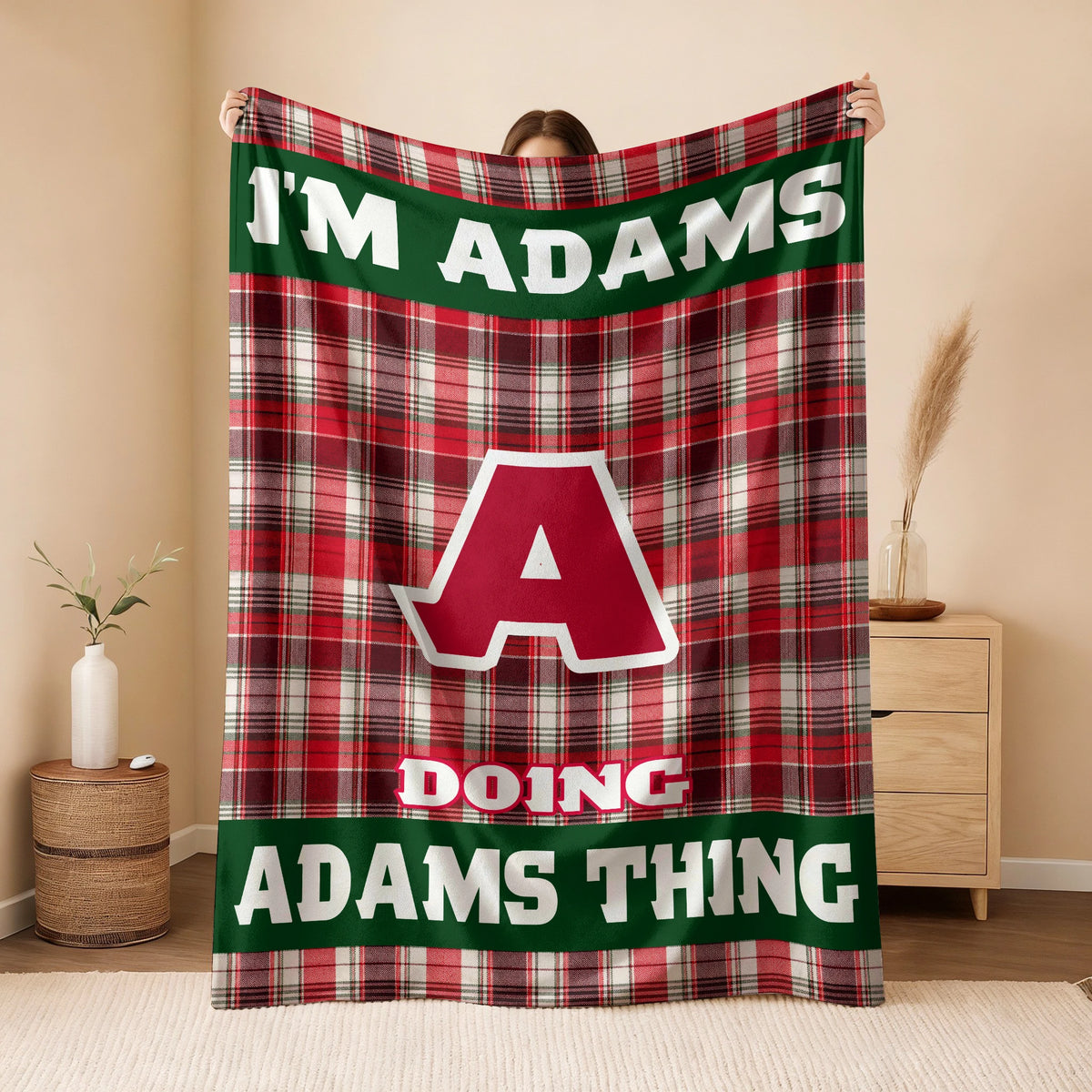 I'm Name Doing Name Things Red Plaid Fleece Blanket ADAMS 13K1 BK49