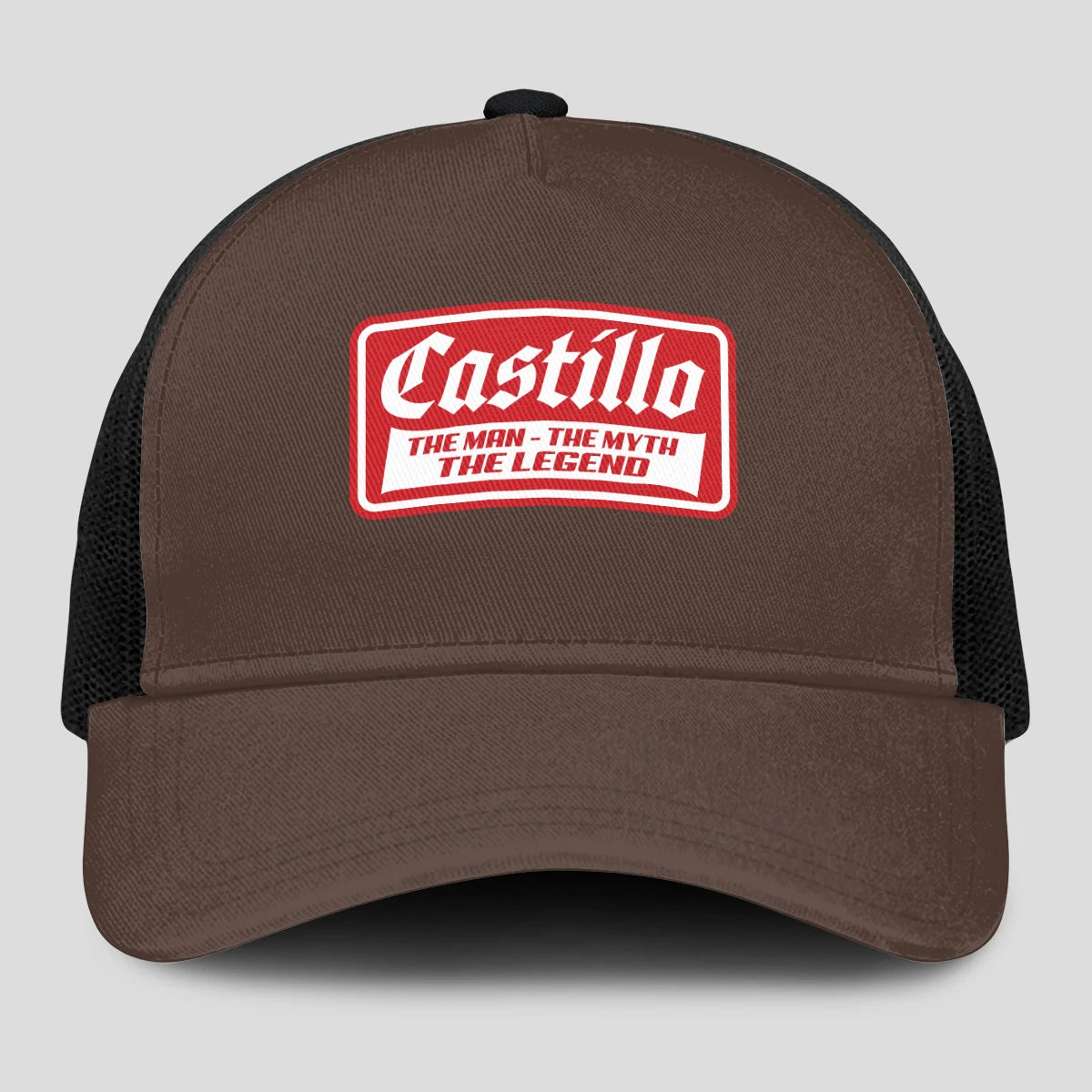The Man The Myth The Legend Red Logo Brown Mesh Cap CASTILLO 13K1 C203PF