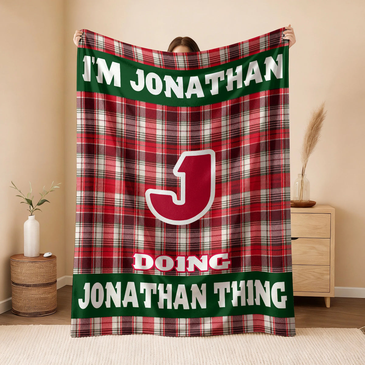 I'm Name Doing Name Things Red Plaid Fleece Blanket JONATHAN 13K1 BK49