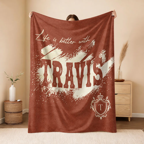 Life Is Better With Your Name Terracotta Cream Fleece Blanket TRAVIS 13K1 BK30