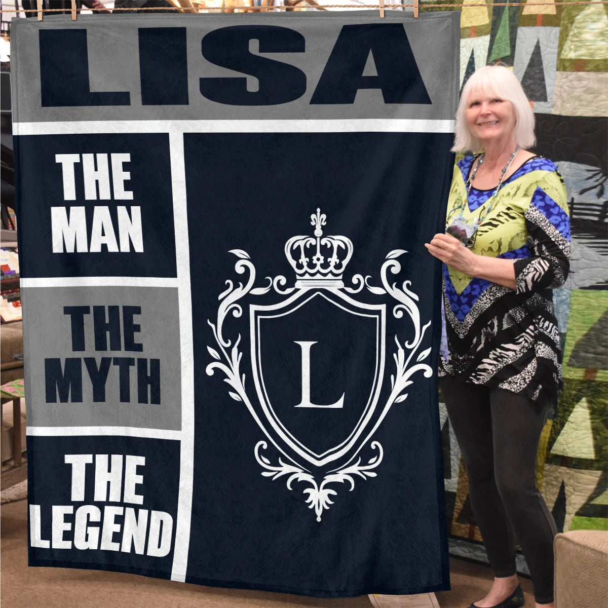 The Man The Myth The Legend Navy Gray & Gold Fleece Blanket  LISA 13K1 BK09