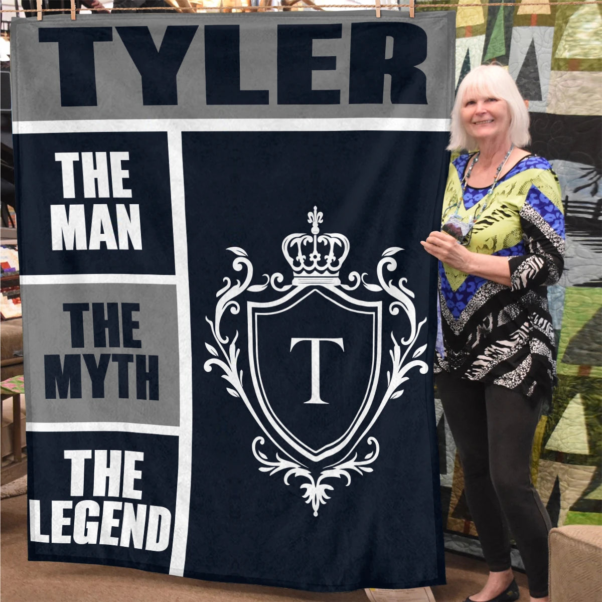 The Man The Myth The Legend Navy Gray & Gold Fleece Blanket  TYLER 13K1 BK09