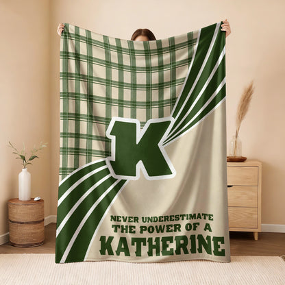 Never Underestimate Your Name Green & Cream Plaid Fleece Blanket KATHERINE 13K1 BK50