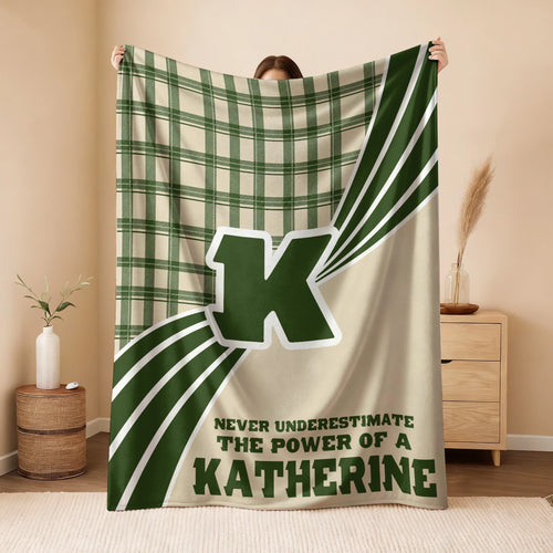 Never Underestimate Your Name Green & Cream Plaid Fleece Blanket KATHERINE 13K1 BK50