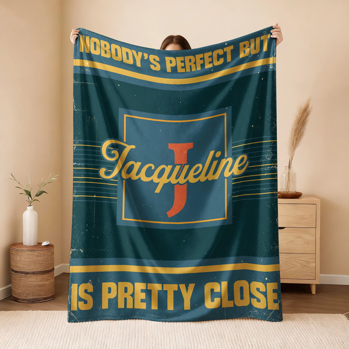 Nobody's Perfect But Your Name Is Close Vintage Blue & Brown Fleece Blanket JACQUELINE 13K1 BK54