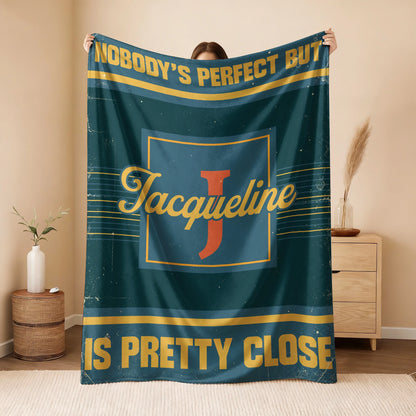 Nobody's Perfect But Your Name Is Close Vintage Blue & Brown Fleece Blanket JACQUELINE 13K1 BK54