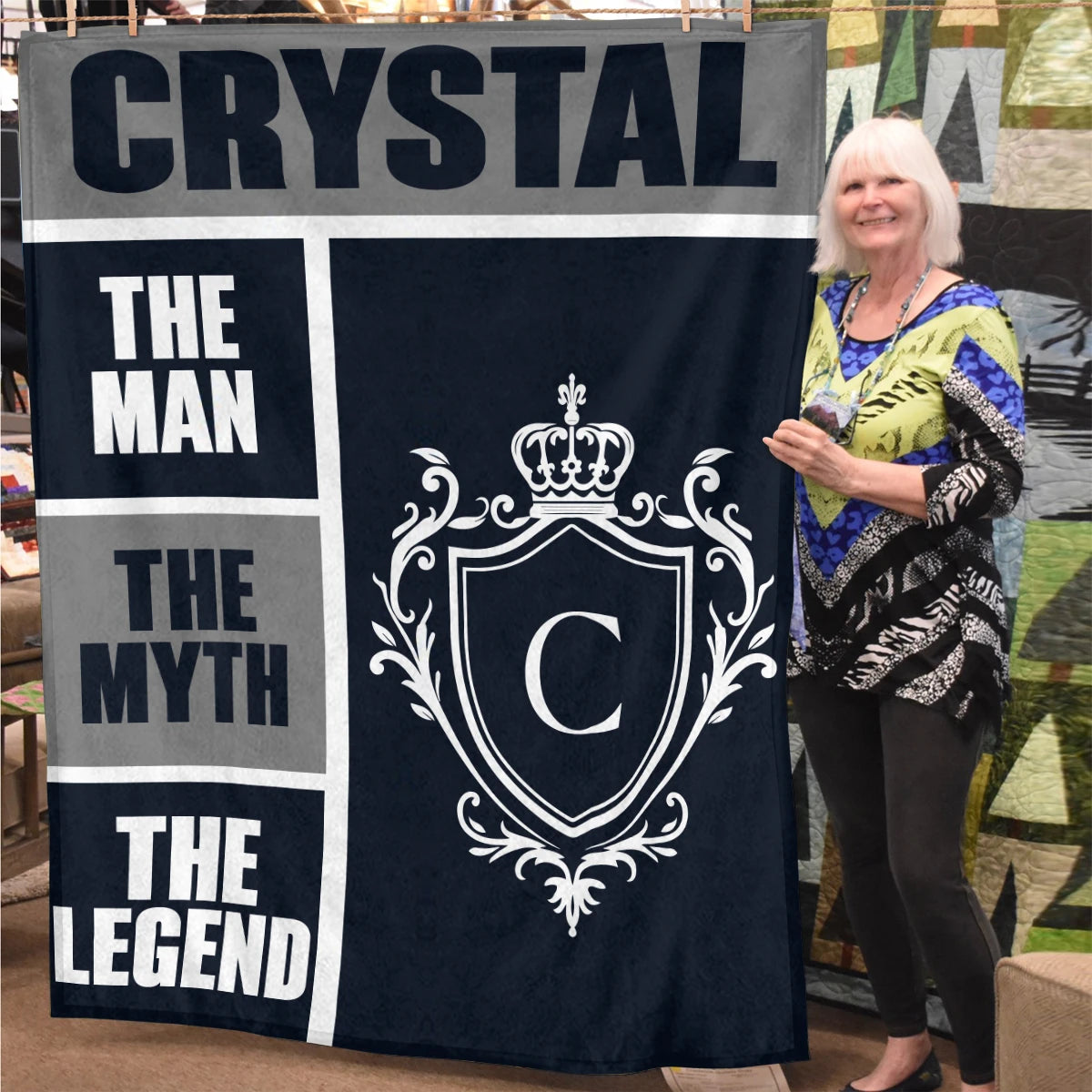 The Man The Myth The Legend Navy Gray & Gold Fleece Blanket  CRYSTAL 13K1 BK09