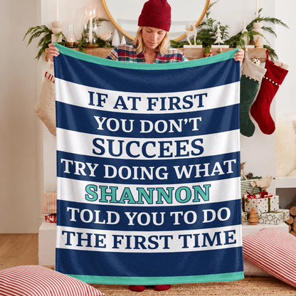 If At First You Don't Succeed Blue & White Striped Fleece Blanket SHANNON 13K1 BK55