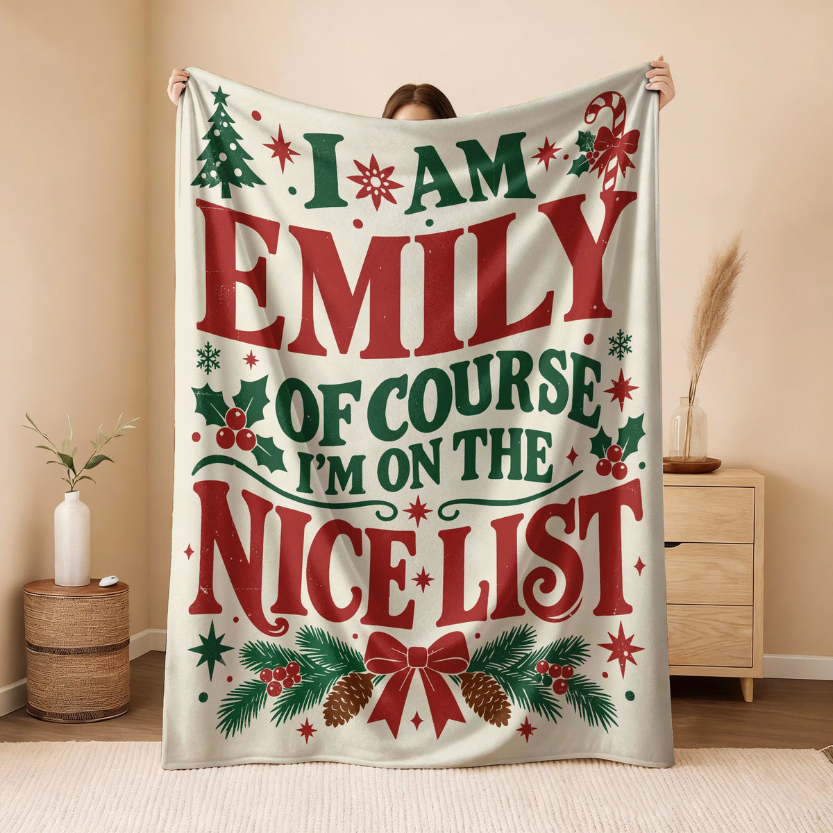 I'm Name Of Course I'm On The Nice List Cream Christmas Fleece Blanket EMILY 13K1 BK59