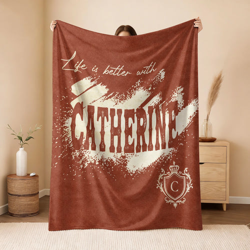 Life Is Better With Your Name Terracotta Cream Fleece Blanket CATHERINE 13K1 BK30