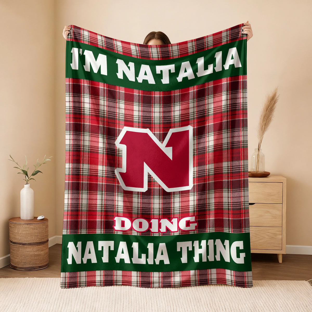 I'm Name Doing Name Things Red Plaid Fleece Blanket NATALIA 13K1 BK49