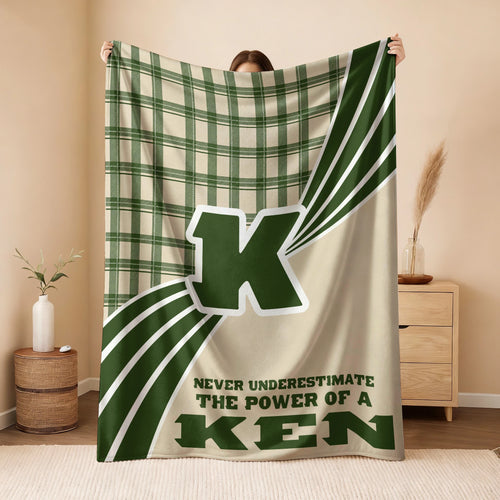 Never Underestimate Your Name Green & Cream Plaid Fleece Blanket KEN 13K1 BK50