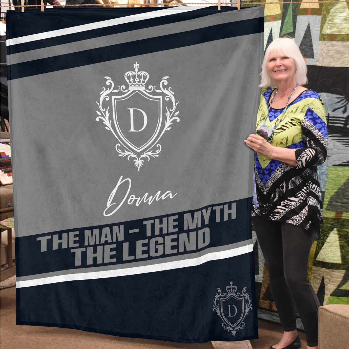 The Man The Myth The Legend Navy Gray Fleece Blanket DONNA 13K1 BK13