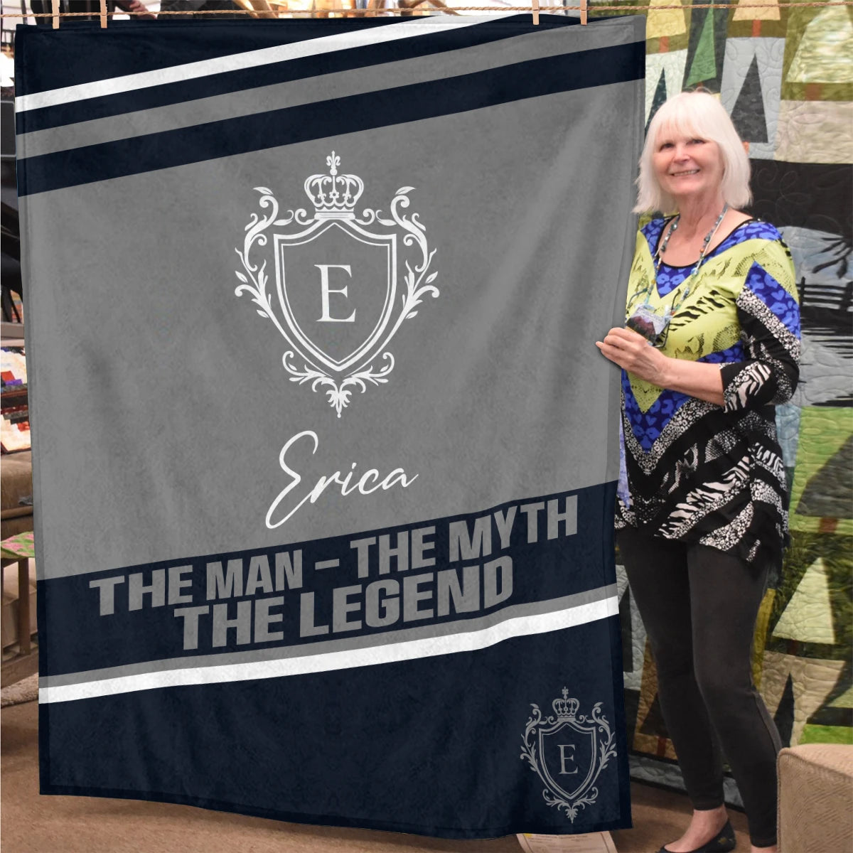 The Man The Myth The Legend Navy Gray Fleece Blanket ERICA 13K1 BK13